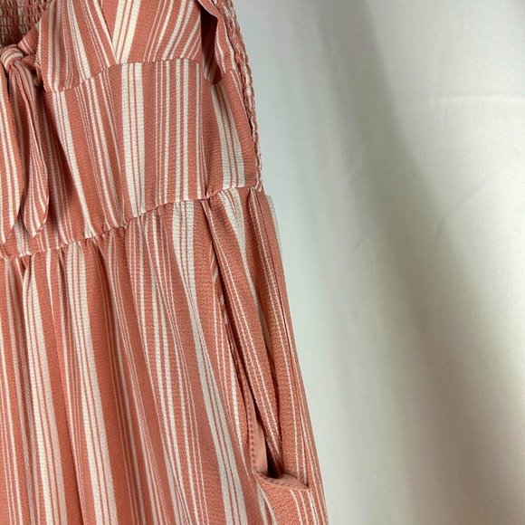 As U Wish Spaghetti Straps, Built in Bra Peach Pink Crepe Stripe Jumpsuit Sz XL - Picture 5 of 13
